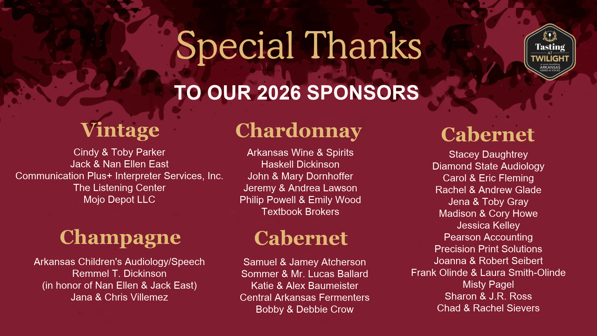 List of 2026 sponsors for the Tasting at Twilight event, categorized by donor levels: Vintage, Chardonnay, and Cabernet.
